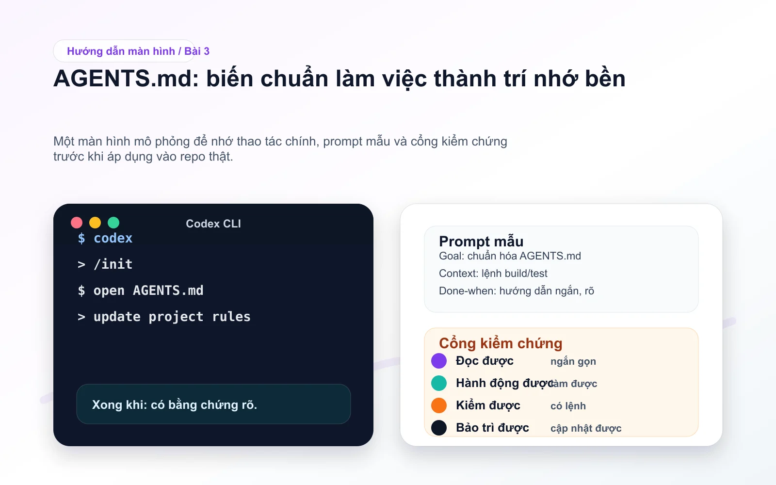 Screenshot minh họa bài 3: AGENTS.md: biến chuẩn làm việc thành trí nhớ bền