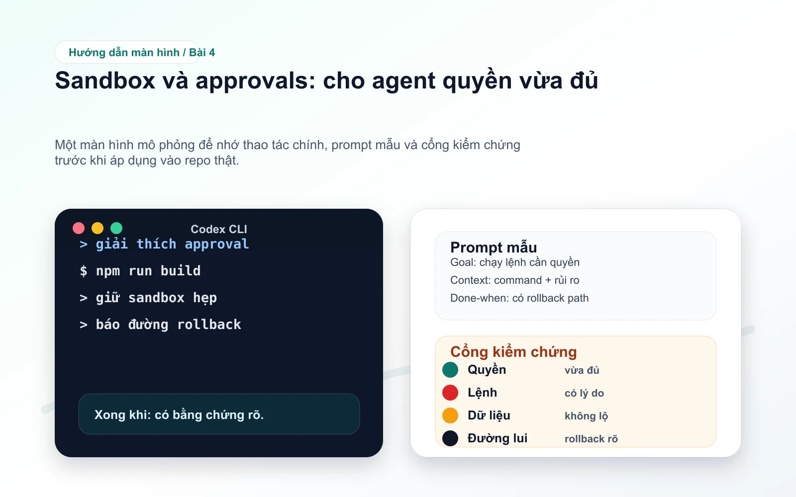 Screenshot minh họa bài 4: Sandbox và approvals: cho agent quyền vừa đủ