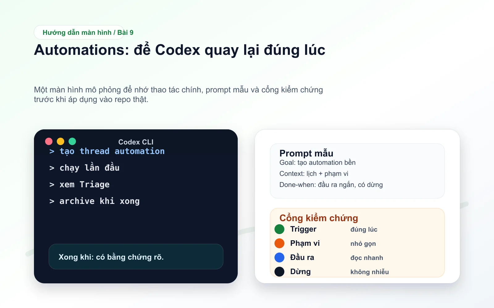 Screenshot minh họa bài 9: Automations: để Codex quay lại đúng lúc